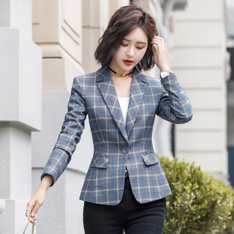 复古格纹休闲短款小外套上班正装西服套装工作服通勤销售 浅色格子 s