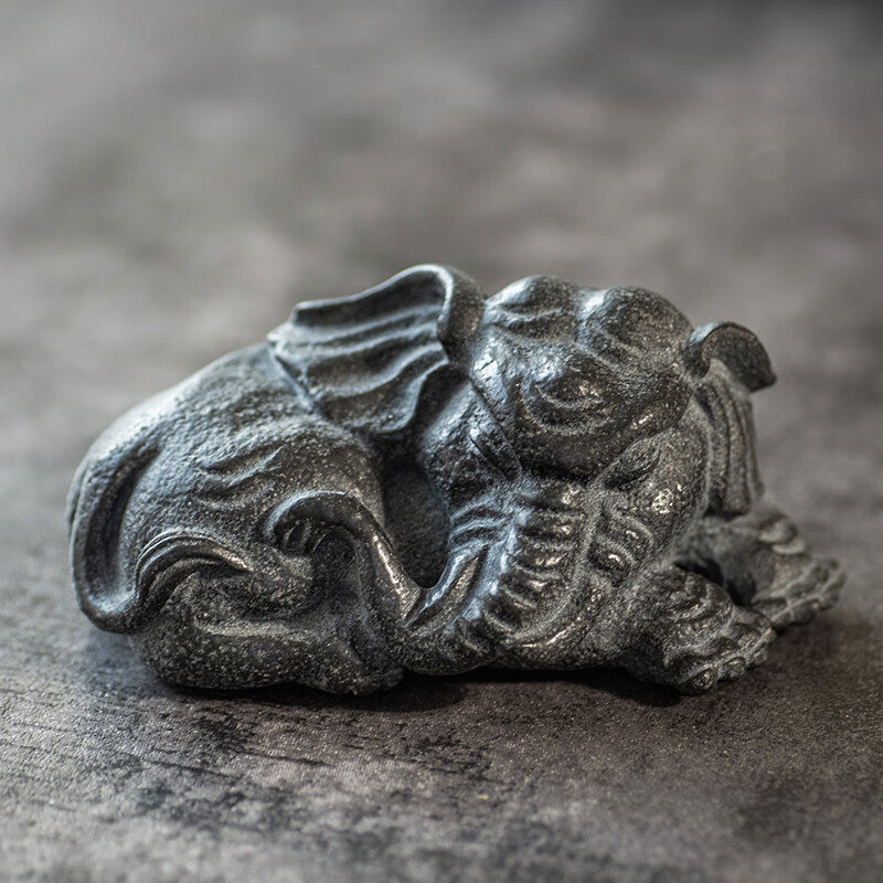 创意个性乌金石头大象茶宠摆件精品可养吉象茶具饰品 吉象如意(左)