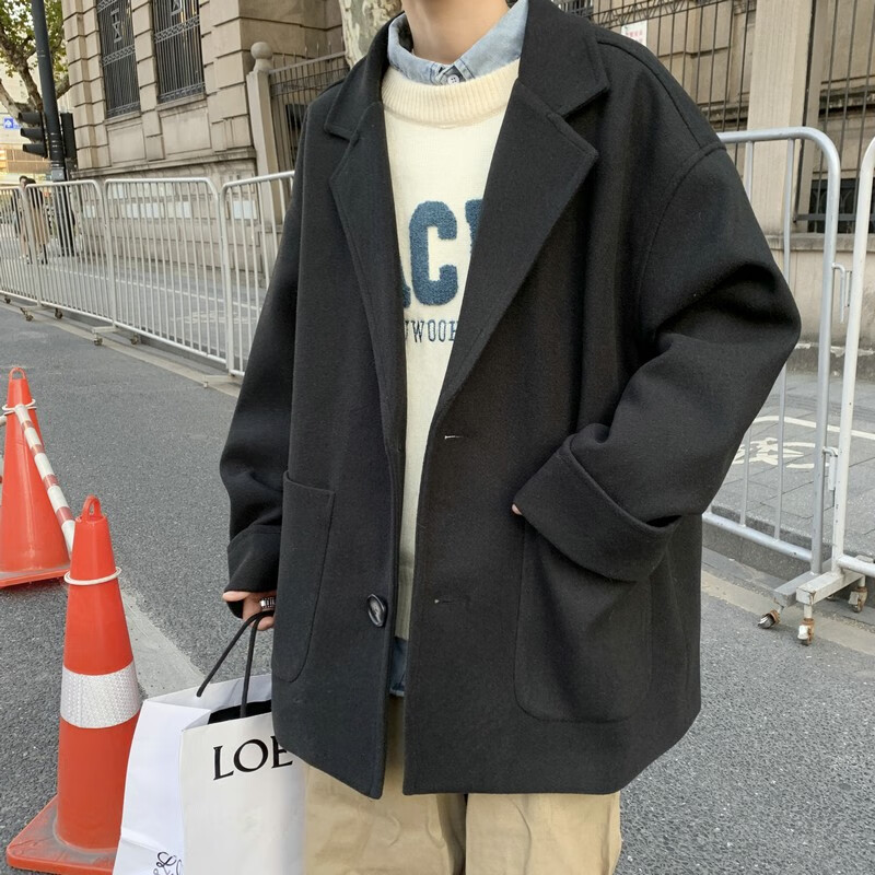 风风衣秋冬潮牌百搭痞帅呢子外套男士2021新款宽松上衣男学院风上衣男