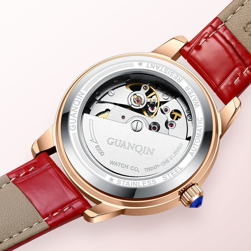 冠琴（GUANQIN）手表女全自动机械表明星同款镂空飞轮女士手表国表礼物送女友老婆 红皮玫金白面（女神气质）