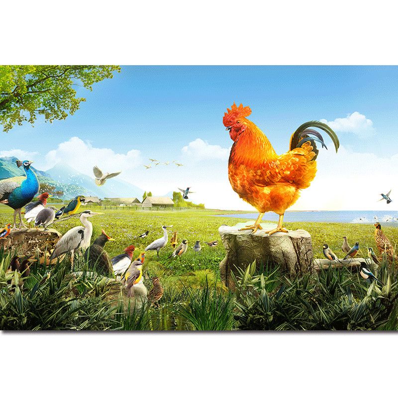 金鸡报晓图挂画大红公鸡贴墙画客厅卧室聚财镇宅风水自粘贴画海报 pp