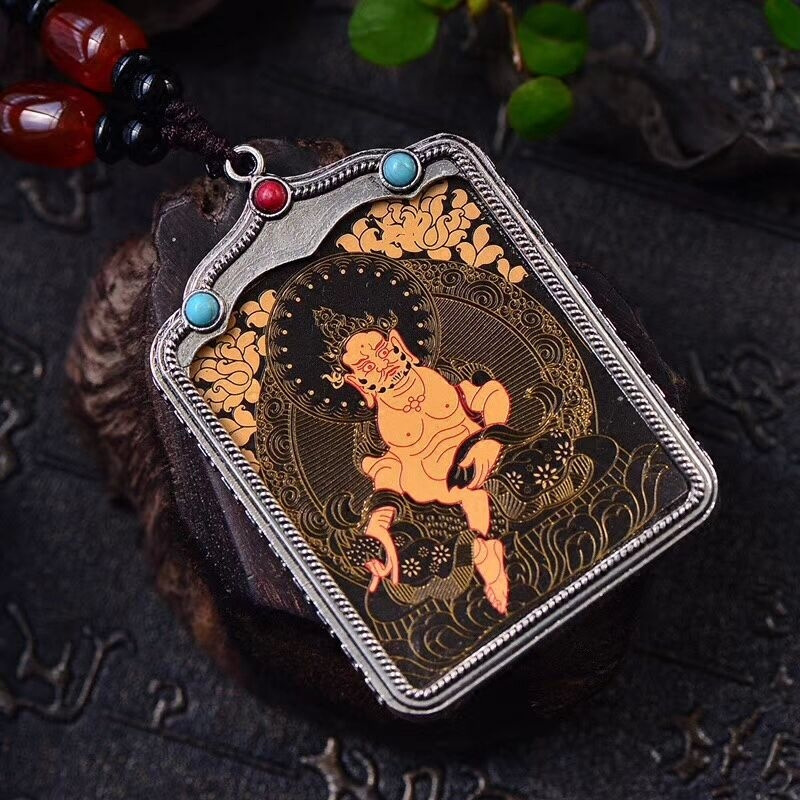 藏传唐卡手绘黄财神唐卡吊坠 财神爷挂件车挂招财聚宝男女五路财神