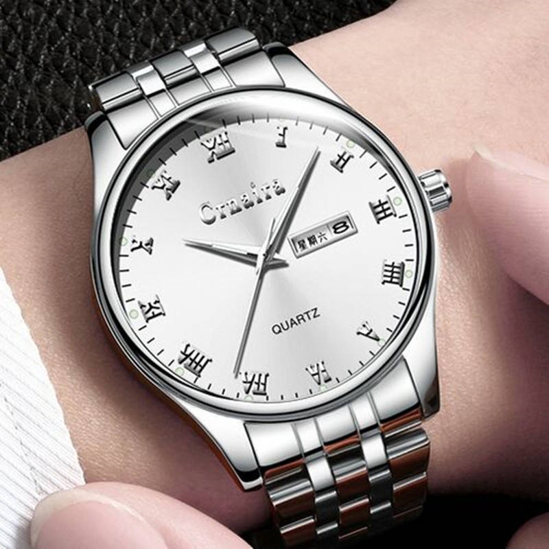 卡奈亚（Crnaira）品牌手表商务男表罗马刻度石英表男士多功能双日历夜光防水钢带潮 黑钢带蓝面