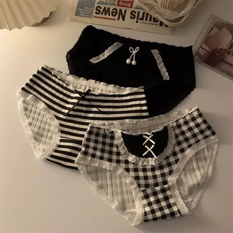 日系甜美少女新款内裤女黑白格子条纹蝴蝶结裆透气三角裤学生 5条装 M 建议65-85斤