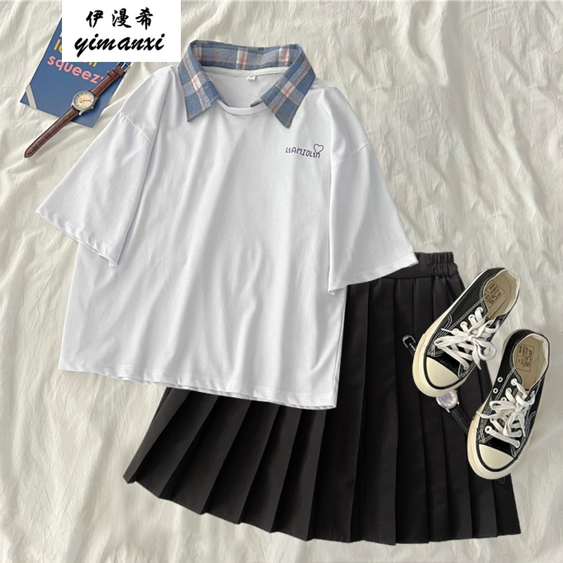 套装女生夏季学院风韩版休闲短袖t恤两件一套裙子初中学生今年流行z