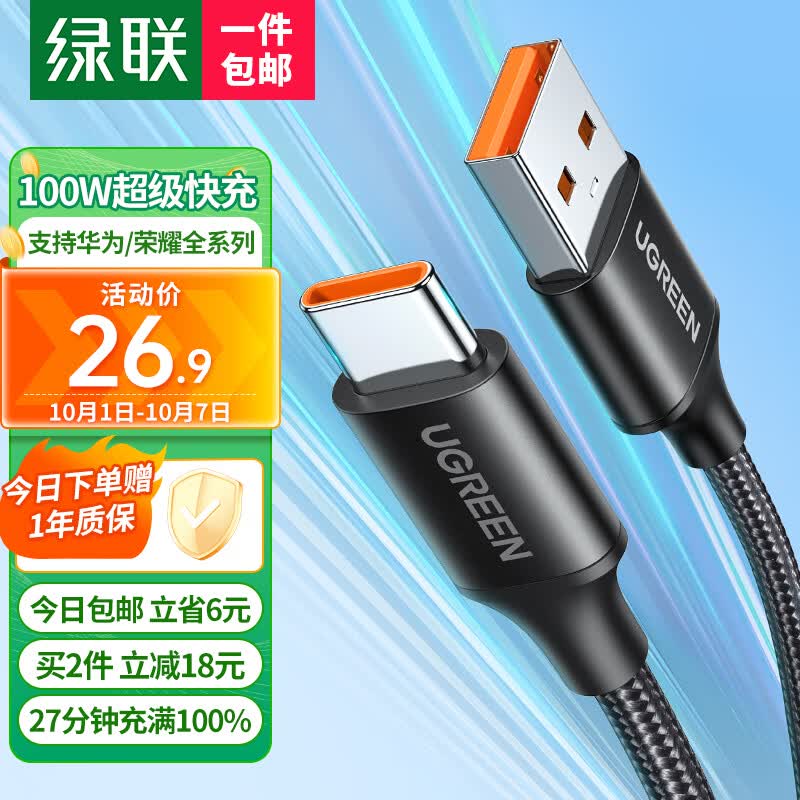 绿联（UGREEN）Type-C数据线6A超级快充100W/66W充电线USB-C适用华为Mate60Pro/50小米荣耀平板安卓手机车载5A线怎么样,好用不?