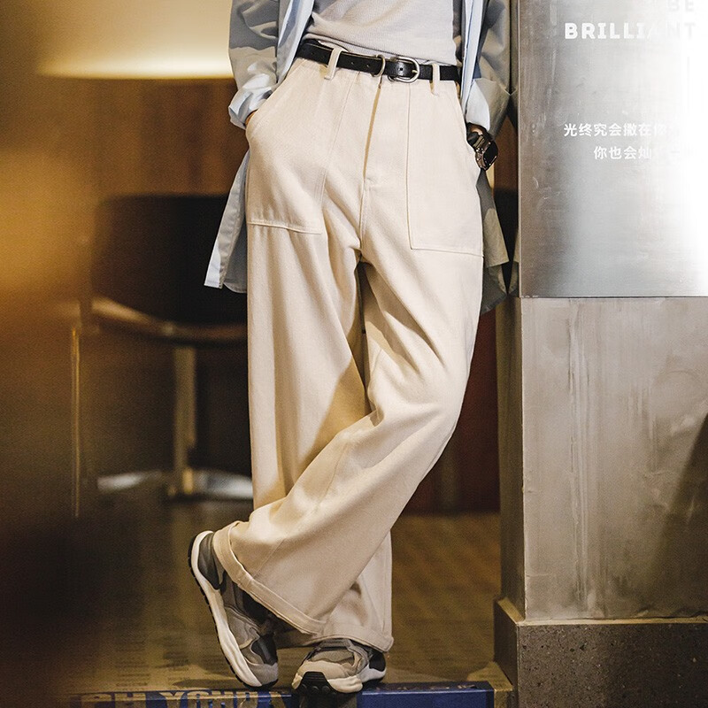 马登cleanfit白色牛仔裤春秋宽松阔腿裤美式直筒工装裤女士休闲长裤子 米白色 【显瘦高级感牛仔裤/梨形报恩裤/老钱风高腰裤】 S (80-100斤/卡码拍大)