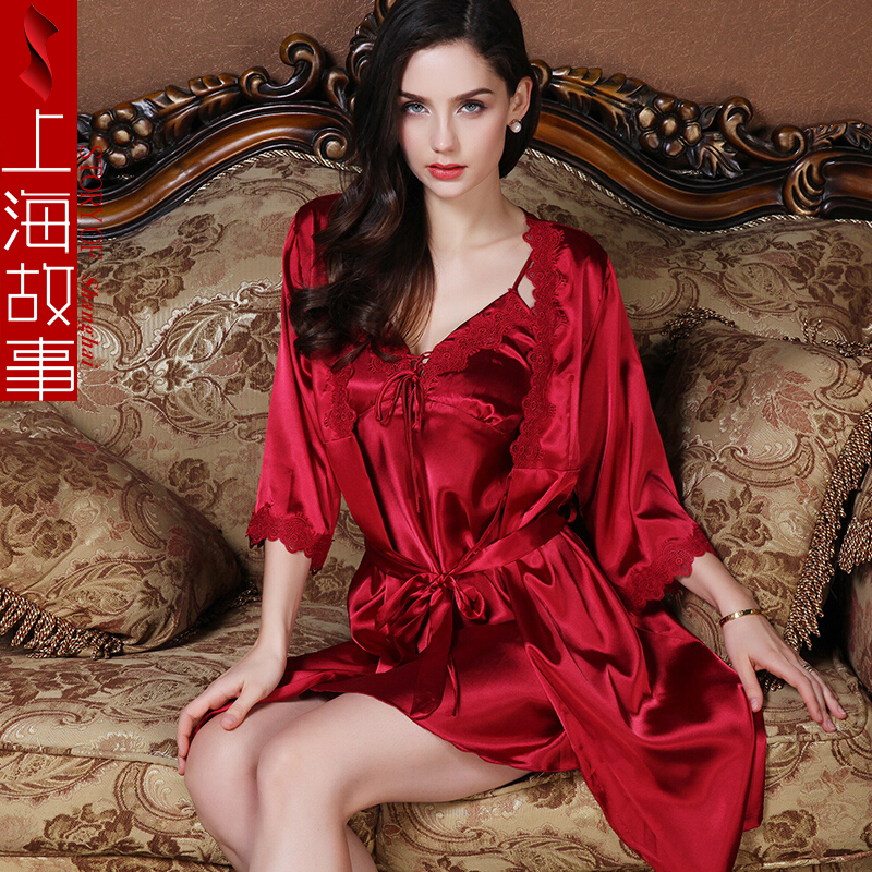 上海故事 睡衣女士冰丝睡裙夏天吊带裙性感晨袍新娘伴娘睡袍女浴袍结婚礼物内衣红色家居服教师节礼物送老师 酒红 L(165/88A)