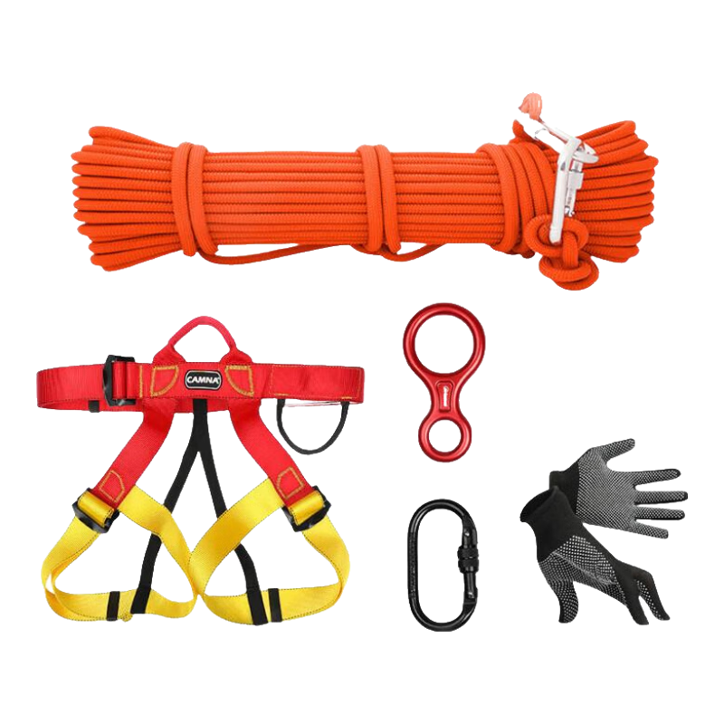 坎樂高層應(yīng)急救生繩救援速降套裝鋼絲芯安全繩防火自救裝備速降繩 8mm鋼絲繩套裝【背包7件套】 15米(3-4層)
