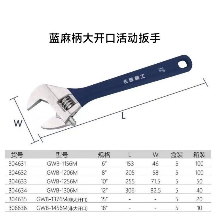 长城大开口重型活动扳手多功能铬钒钢活动扳手工业用扳手工具 304633   蓝麻柄高碳钢10寸250mm