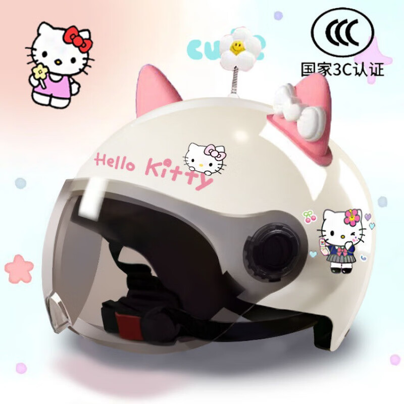 YOHE3C認(rèn)證新國(guó)標(biāo)Hello Kitty安全帽電動(dòng)車(chē)頭盔防曬可愛(ài)女士 四季通用 KT貓-C款-防曬-KT粉白+花花 3C-高清長(zhǎng)鏡片