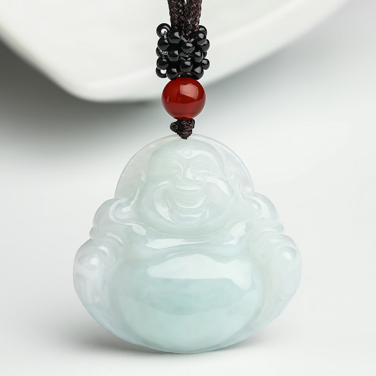 牧思笑佛冰糯种a货天然翡翠银链玉石大肚玉佛女 翡翠吊坠玉佛项链女款