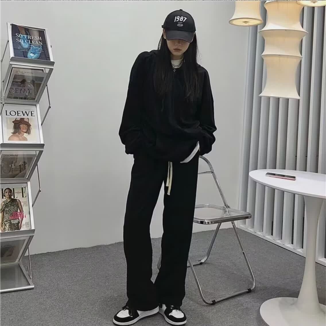 迪伽达美式高街牛仔裤男装春夏潮ins宽松阔腿长裤直筒裤黑色休闲裤子男 DFFS-636黑色 常规 抽绳款 L 【建议115-130斤】