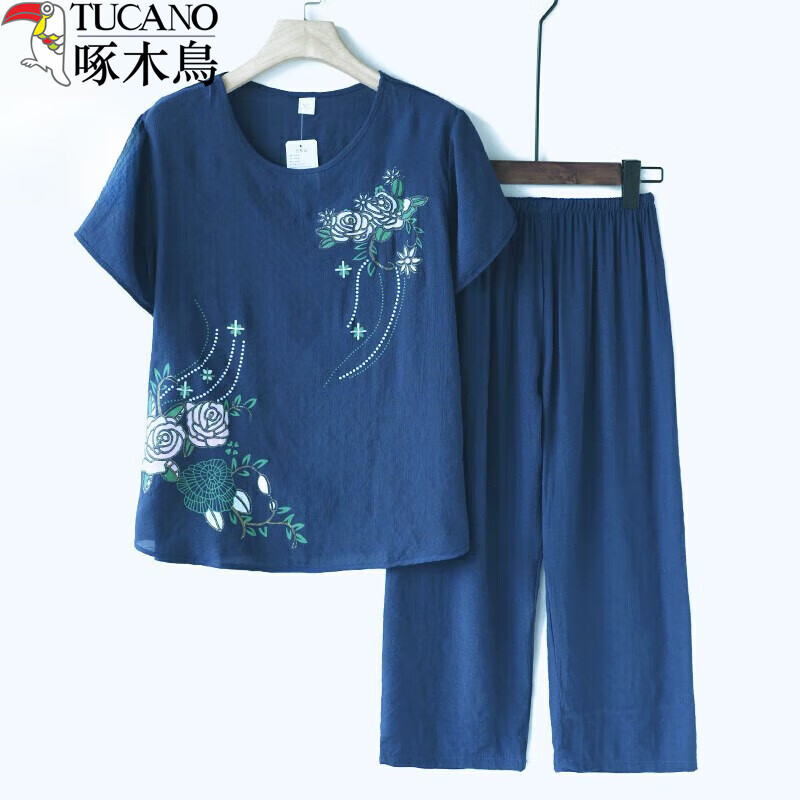 啄木鸟中老年女装夏季套装妈妈装短袖T恤裤子两件套装老人奶奶衣服 牛仔蓝 XL建议85-105