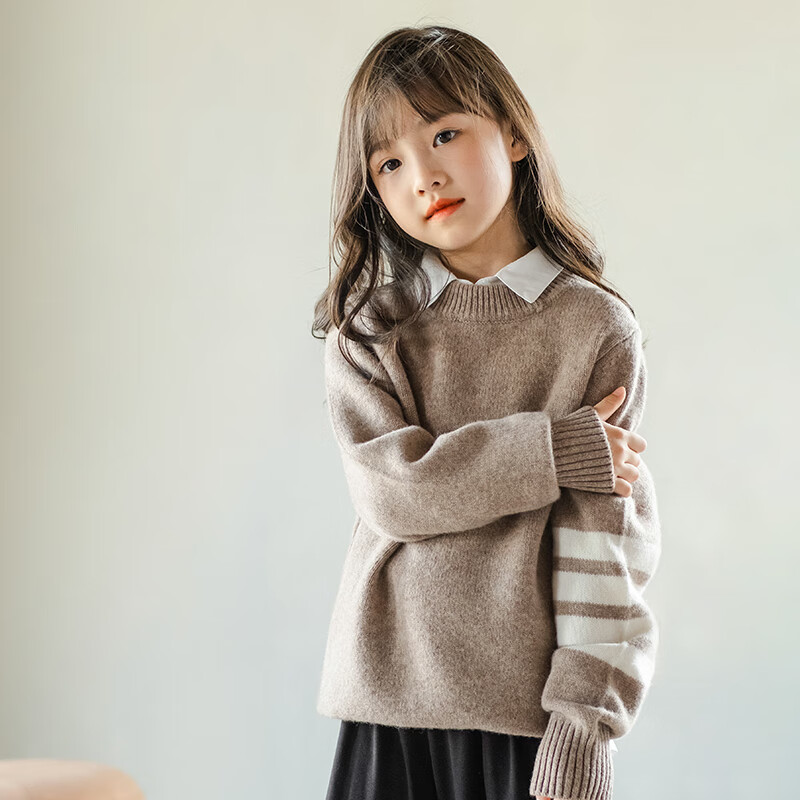 至无稻儿童加厚羊毛衫秋冬半高圆领男童女童宝宝套头毛衣打底针织羊毛衫 原驼色 170 CM
