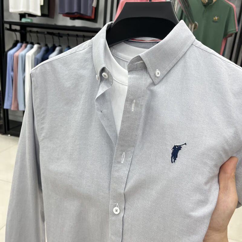 POLO100纯棉纯色长袖男士衬衫春秋刺绣商务休闲牛津纺男工装 天蓝 4XL 建议190-210斤