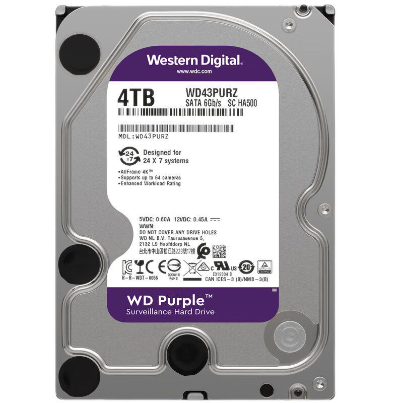西部数据（WD）紫盘 4TB 企业安防录像监控机械硬盘4t SATA6Gb/s WD40EJRX