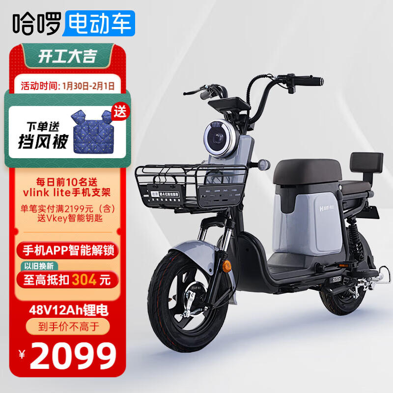 棒途哈啰电动车48V12Ah锂电可提电池电瓶车新国标电动自行车QQ奶奶灰 以旧换新