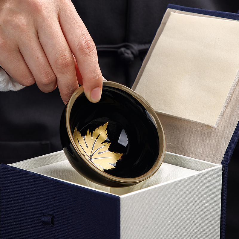 鎏金枫叶杯茶盏品茗杯单个主人杯茶杯建盏陶瓷功夫茶具单杯小茶碗