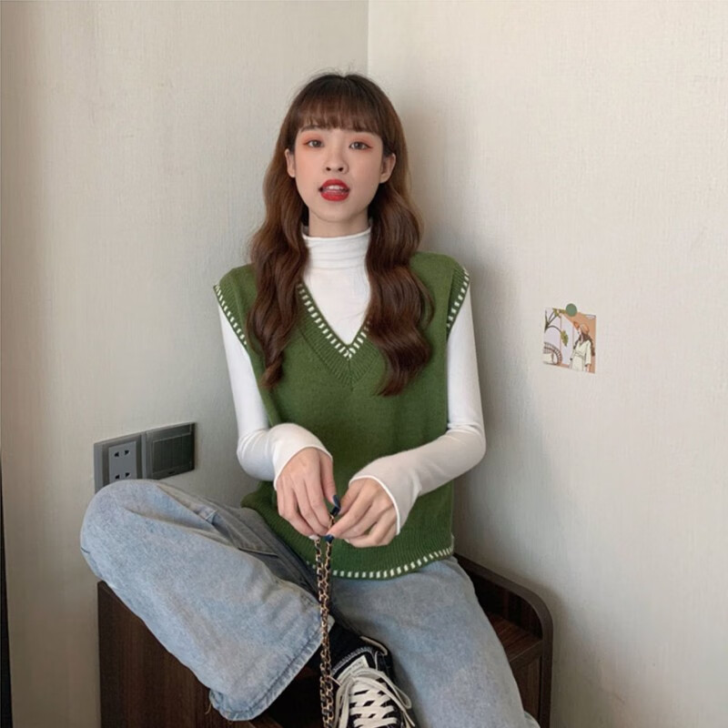 翊尚美针织马甲女春秋可外穿短款V领背心上衣新款宽松内搭坎肩 杏色 均码 【推荐80-140斤】