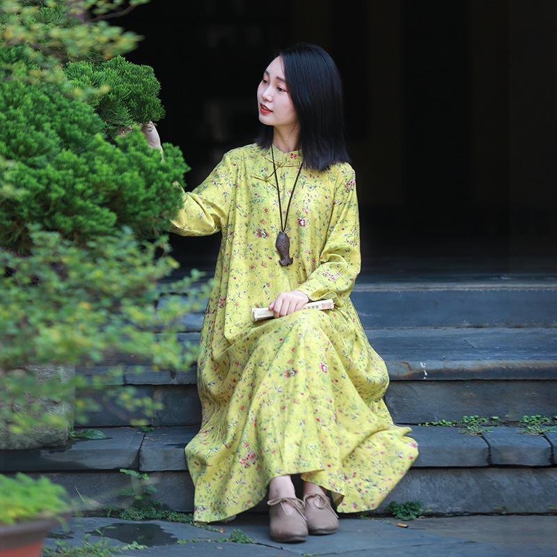 乱在江南民族风印花连衣裙春秋新品女装复古立领盘扣宽松长裙 花色 m