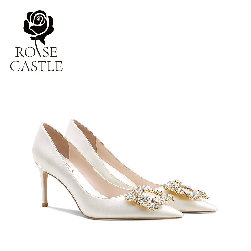 ROSE CASTLE 婚鞋女 白色高跟鞋女细跟2021新款水钻方扣单鞋婚纱礼服鞋伴娘鞋 白色(8cm）R6526礼盒版 37