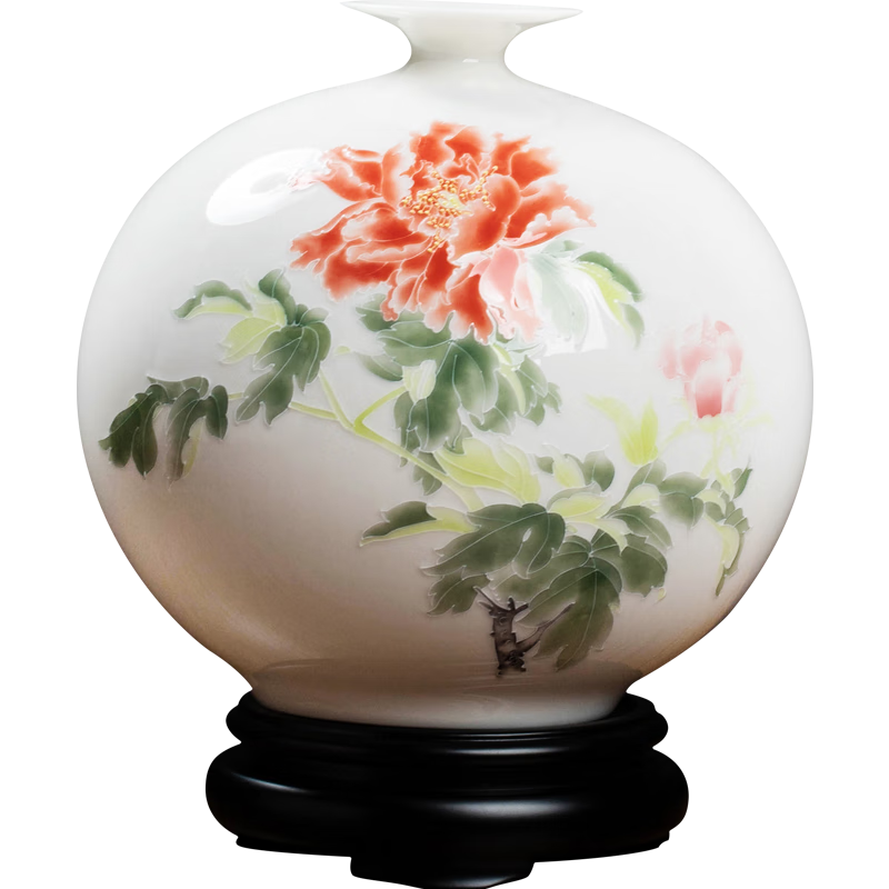 東方泥土 德化白瓷手繪花瓶擺件 陶瓷客廳裝飾品/花開(kāi)富貴D04-107 D04-107 天地方圓 紅牡丹