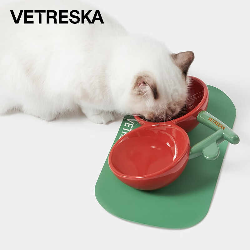 未卡樱桃陶瓷碗双碗宠物猫碗护颈椎食盆防滑防打翻喝水碗猫咪用品樱桃陶瓷碗