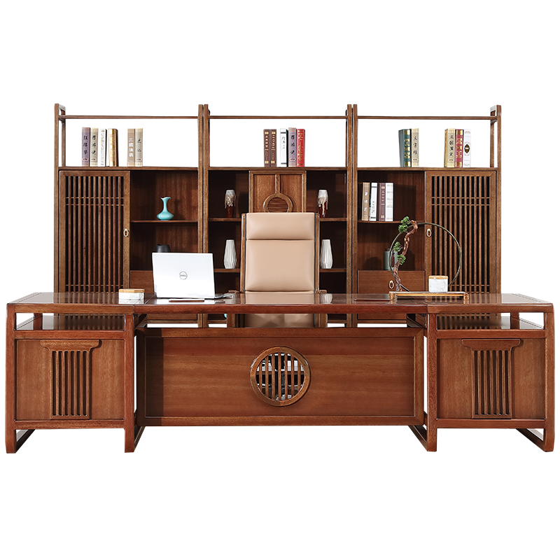 轩仕居 办公桌老板桌总裁桌实木现代简约总经理办公家具新中式乌金木大板桌大班台办公室桌椅组合书桌写字台 【C款】2.2米单桌