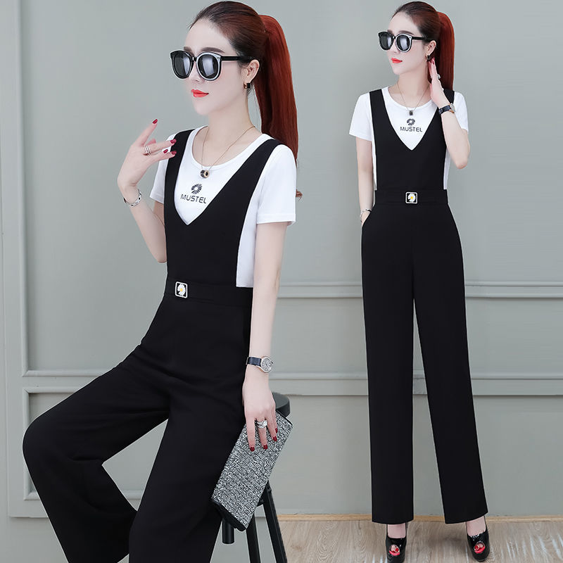 元乐申背带阔腿裤套装女新款夏季职业洋气宽松显瘦减龄连体裤两件套