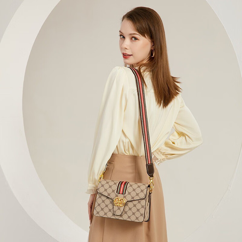 酷奇袋鼠包包酷奇女包轻奢包包女包单肩包女士斜挎包印花包送老婆生日礼物 浅啡色 三条肩带【礼盒包装】