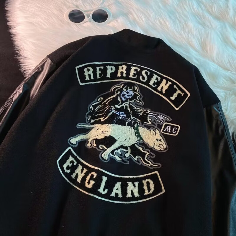 泽万邦黑五限定欧美高街潮牌恶犬刺绣棒球服夹克宽松外套 黑色 m