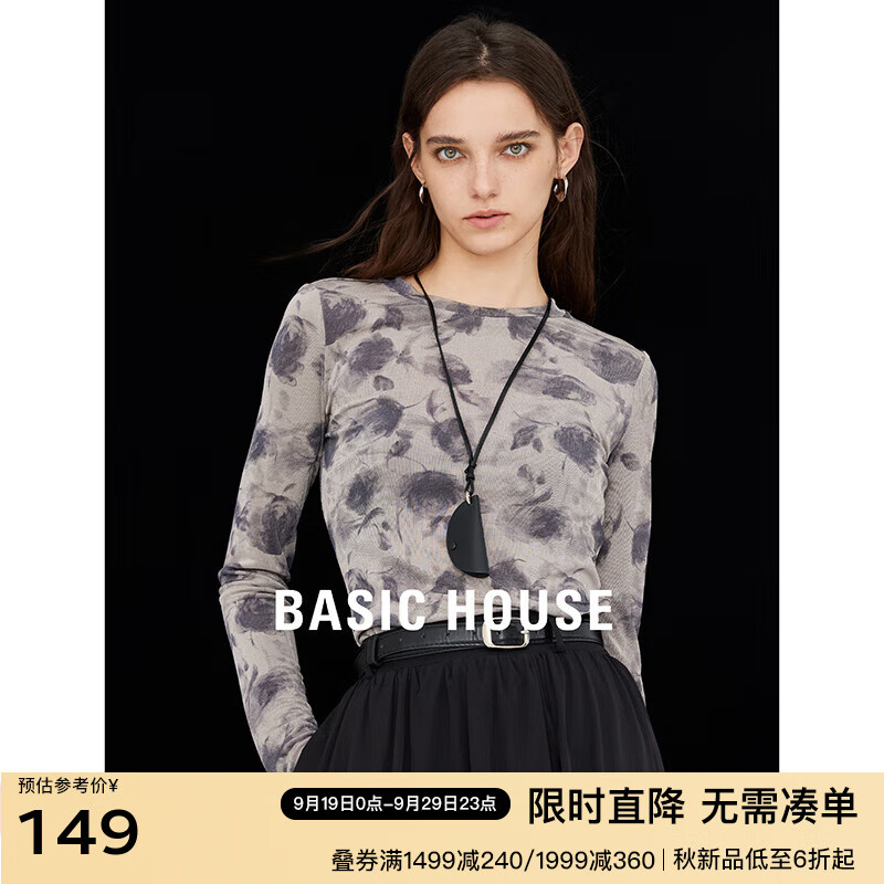 BASIC HOUSE/百家好扎染印花长袖T恤女2024秋季新款修身显瘦上衣 灰色 M 京东折扣/优惠券