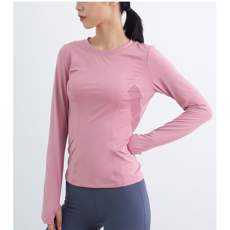 运动T恤女新款瑜伽服上衣网纱透气不紧绷速干衣宽松瑜伽罩衫 粉色 L