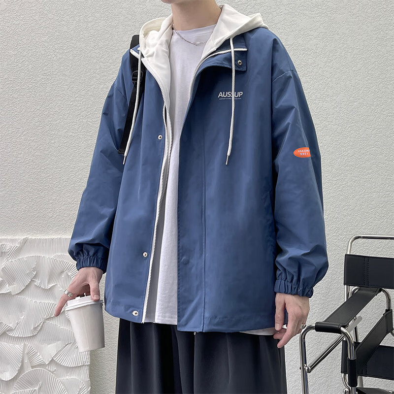 件休闲外套男春秋季大码工装潮流帅气夹克宽松潮牌青少年上衣 浅蓝色