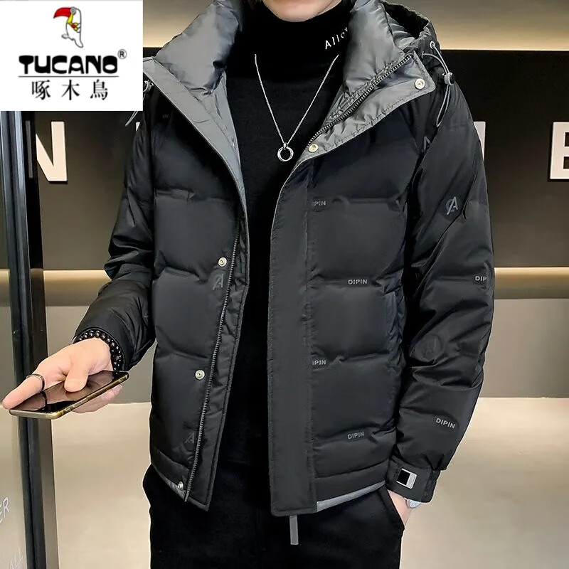 啄木鸟冬季羽绒服男新款连帽白鸭绒短款加厚保暖外套防寒服上衣 960黑色 L 适合80至100斤