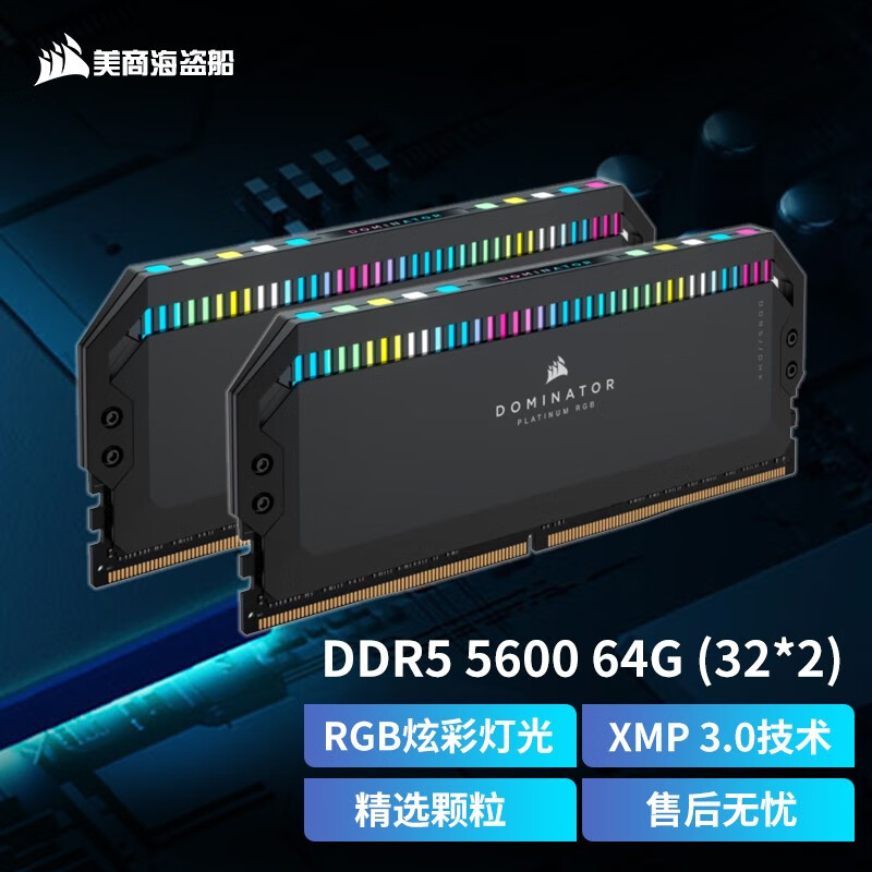 美商海盗船（USCORSAIR） DDR5 5600 台式机内存 统治者铂金 RGB灯条 高端游戏型 D5 5600 64G(32*2) 铂金统治者 黑