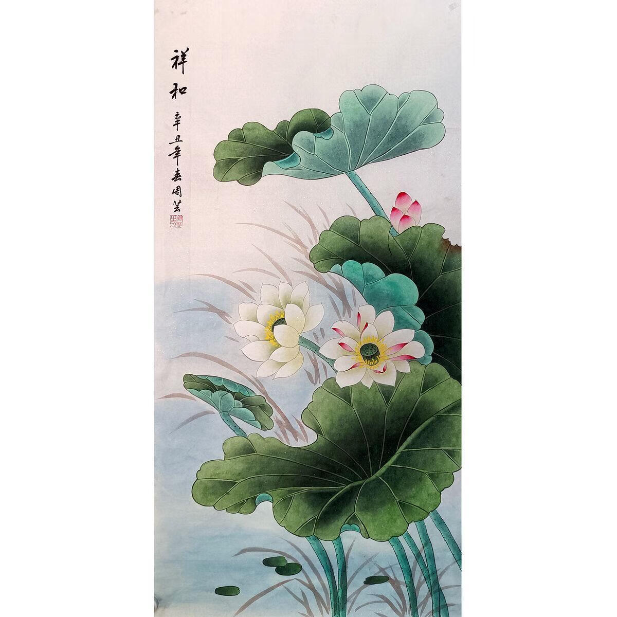 成品画芯未裱花鸟画三尺竖幅荷花纯手绘真迹居家装饰画 题字落款作者