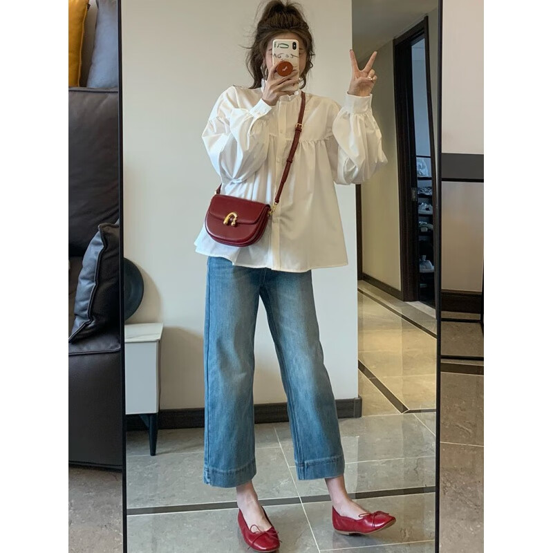 女生矮个子港风复古直筒女夏薄款八分穿搭显 浅蓝色八分裤/适合身高