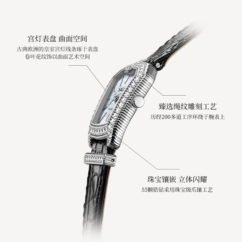 SAGA世家品牌手表女士石英腕表唐顿之夜轻奢镶钻生日礼物送老婆送女友 罗马灰