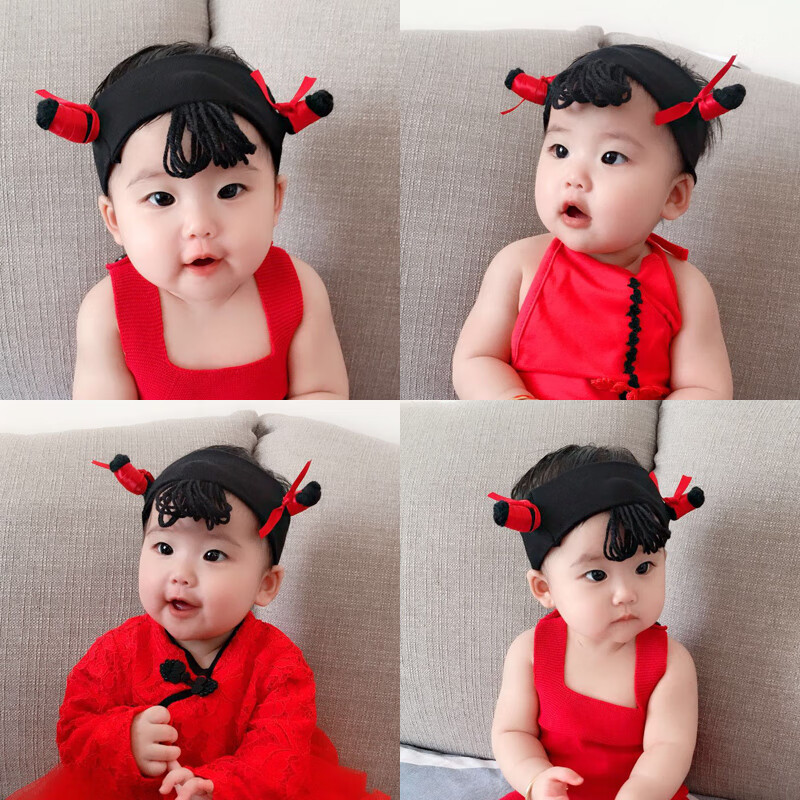 ins婴儿发带护囟门韩版男女宝宝假发公主儿童中国风过年头饰 哪吒辫子