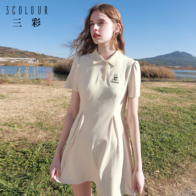 三彩2023夏季新款运动风休闲Polo裙少女短裙小熊绣花连衣裙收腰女 奶白 160/84A/M怎么样,好用不?