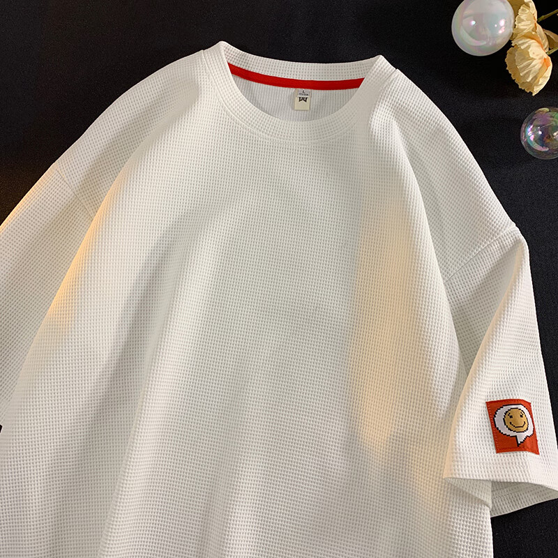 思慕登华夫格t恤侧边绣标短袖男夏季宽松半袖体恤潮牌重磅 白色 m