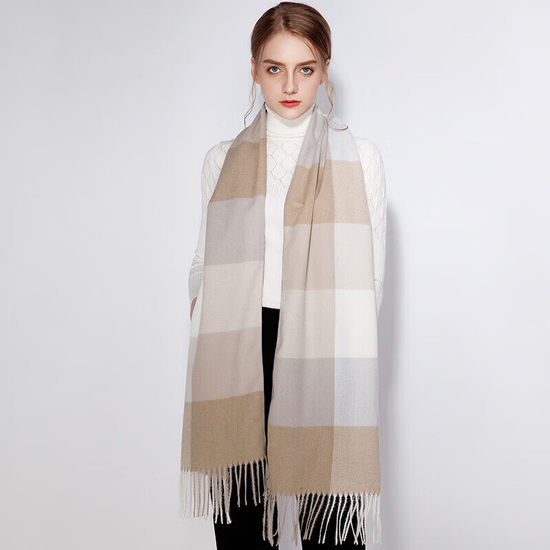 达芬奇密码 秋冬季保暖围巾女欧美风学生围脖情侣格子披肩 1# 浅咖格(205*35cm)