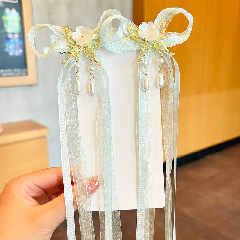 览日鸟仙古风蝴蝶结飘带发夹发饰小女孩汉服蝴蝶发卡女童丝带配饰发饰