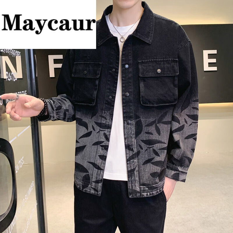 Maycaur男士春季牛仔夹克男装韩版日系翻领上衣青年休闲帅气百搭牛仔外套 1595#黑色 XXL