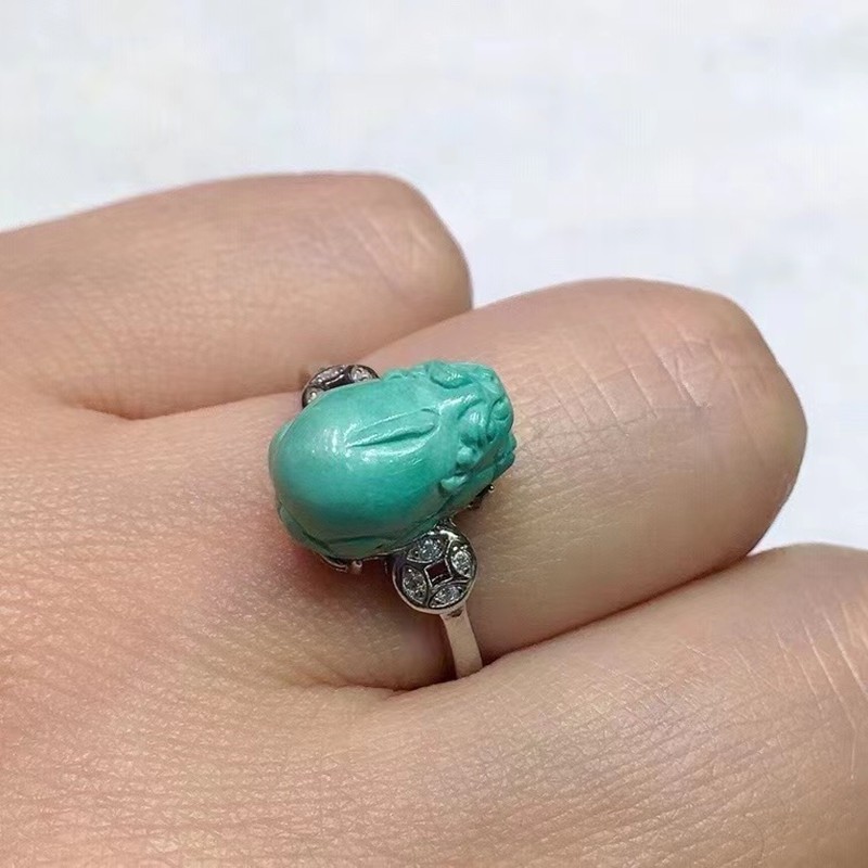 寻然珠宝 来袭湖北原矿绿松石貔貅戒指925银镶嵌高瓷果冻料料质细腻