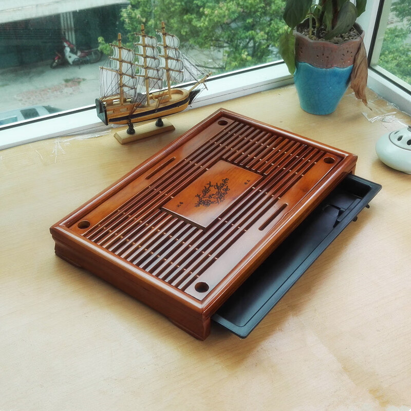 耐吉佳茶盘小型一人旅行实木家用抽屉式两用小号办公室用茶台原木简易功 桔红色202# 梅花盘43*28*6
