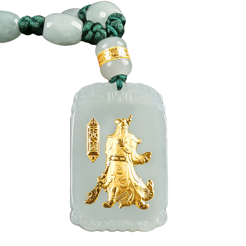 春龍 金鑲玉關(guān)公吊墜黃金和田玉足金路路通項(xiàng)鏈情侶款玉項(xiàng)墜送男朋友 忠義關(guān)公+翡翠金鑲玉項(xiàng)鏈