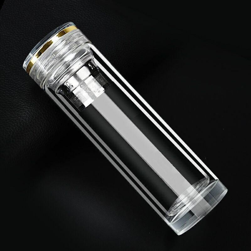 玻璃杯双层男士隔热保温杯透明加厚家用水杯带盖泡茶杯子 380ml防滑底